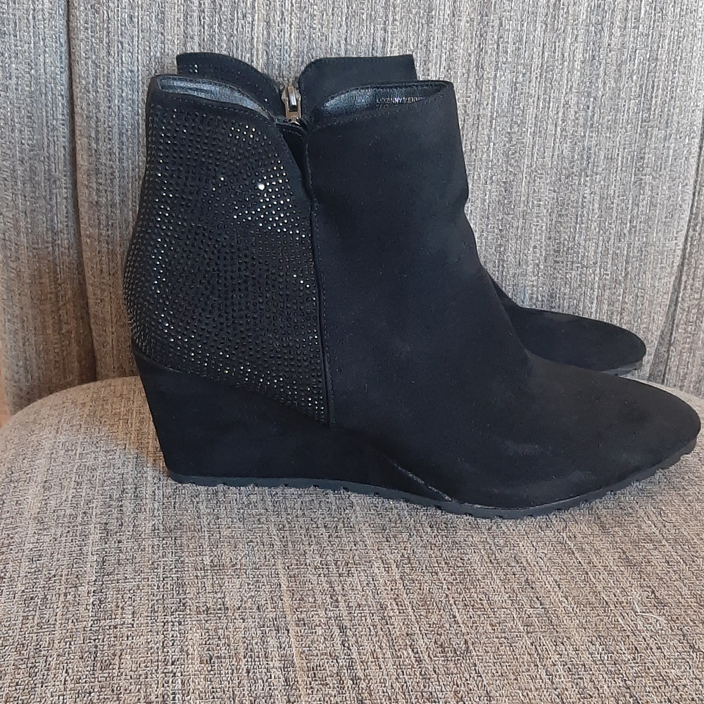 🆕️ Size 11 Anne Klein Black Wedge Ankle Boots Rhinestoned Heel New Without Box